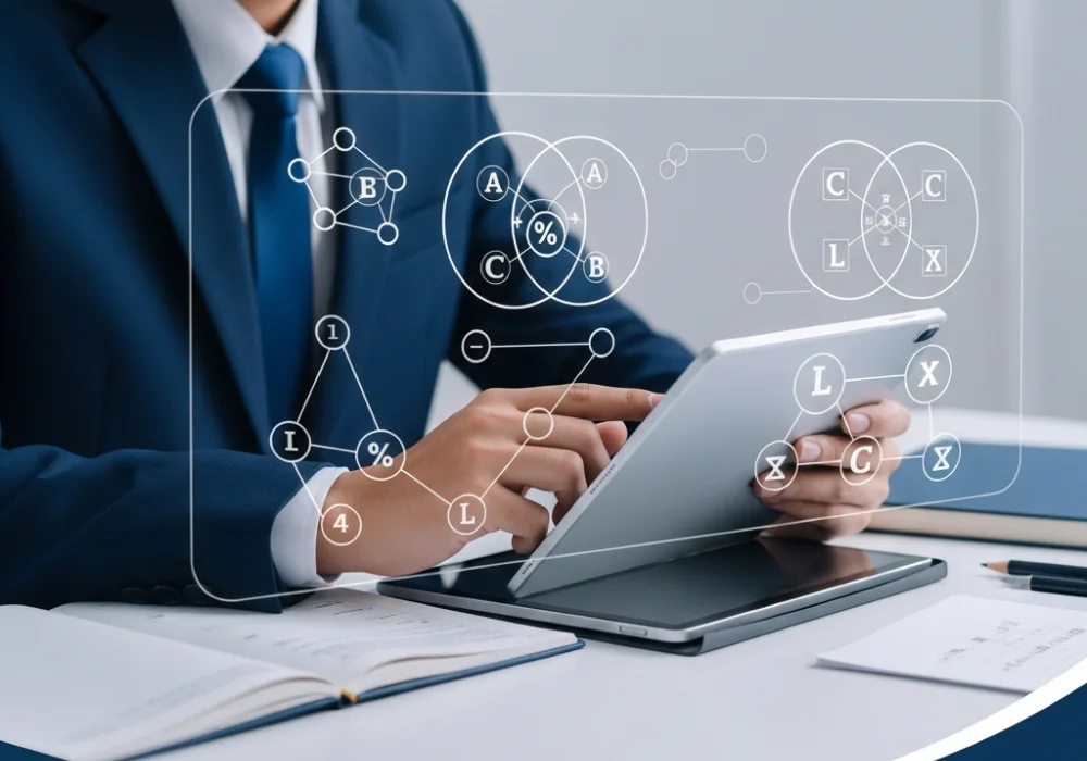 A student studying CSAT Logical Reasoning with digital diagrams and mock tests.