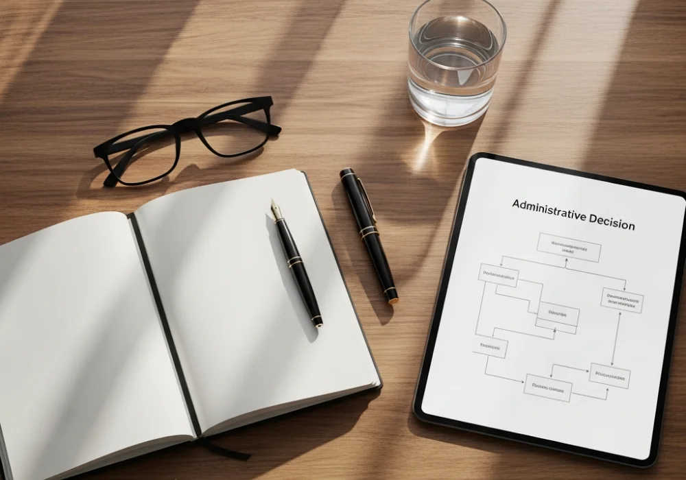 A professional setup for studying Ethics paper case studies with notebooks and decision-making flowcharts.