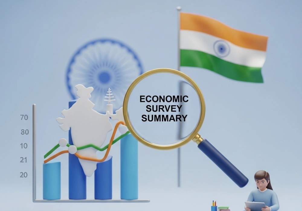 Aesthetic illustration of Economic Survey Summary analysis for UPSC preparation with economic graphs and study material.