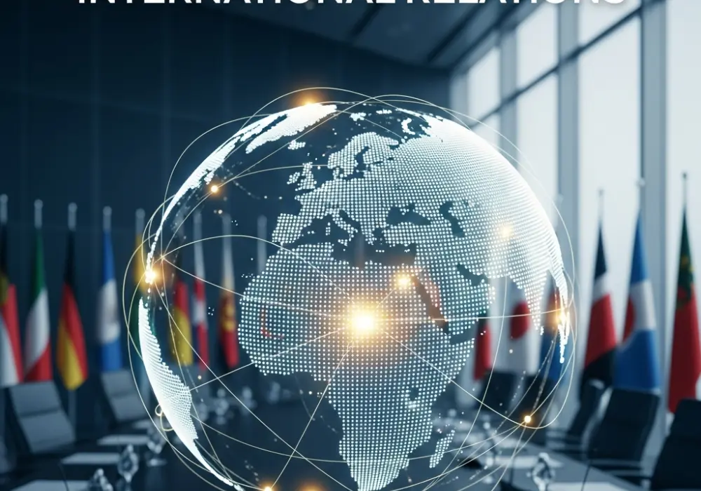 A digital globe with connecting lines symbolizing international relations and global diplomacy for IAS preparation.
