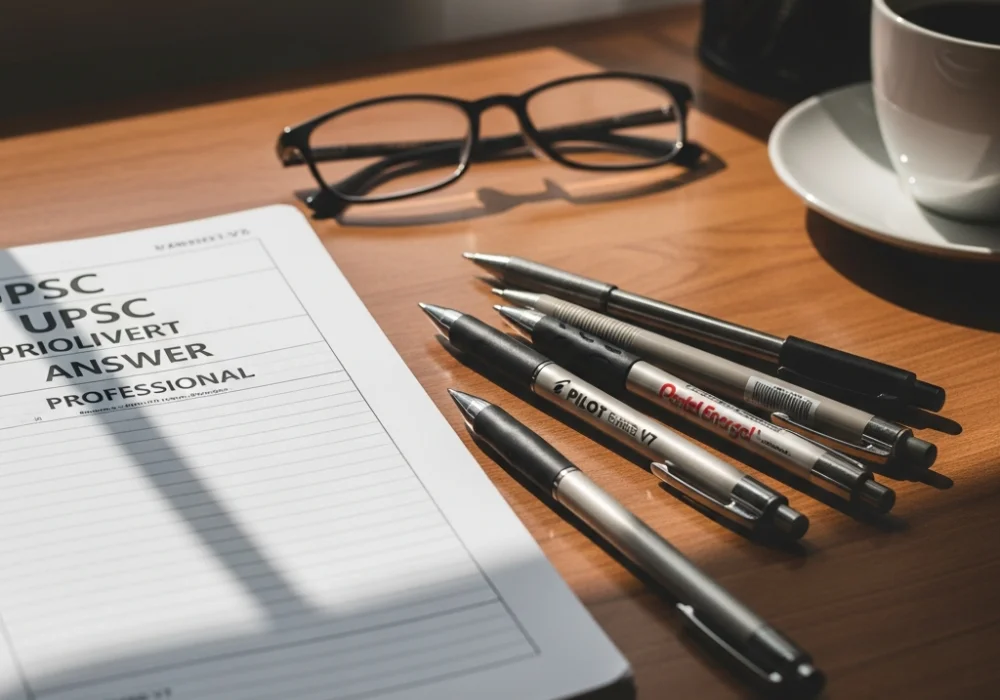 Best pens for UPSC Mains answer writing placed on a study table next to a practice sheet.