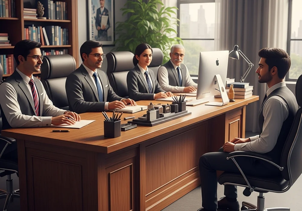 A professional representation of a UPSC personality test interview for freshers with candidates and board members.
