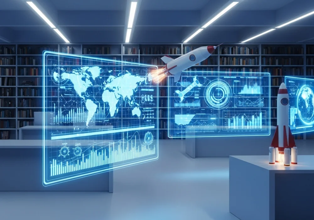 Digital interface showing global current affairs, economic charts, and space technology for competitive exam preparation.