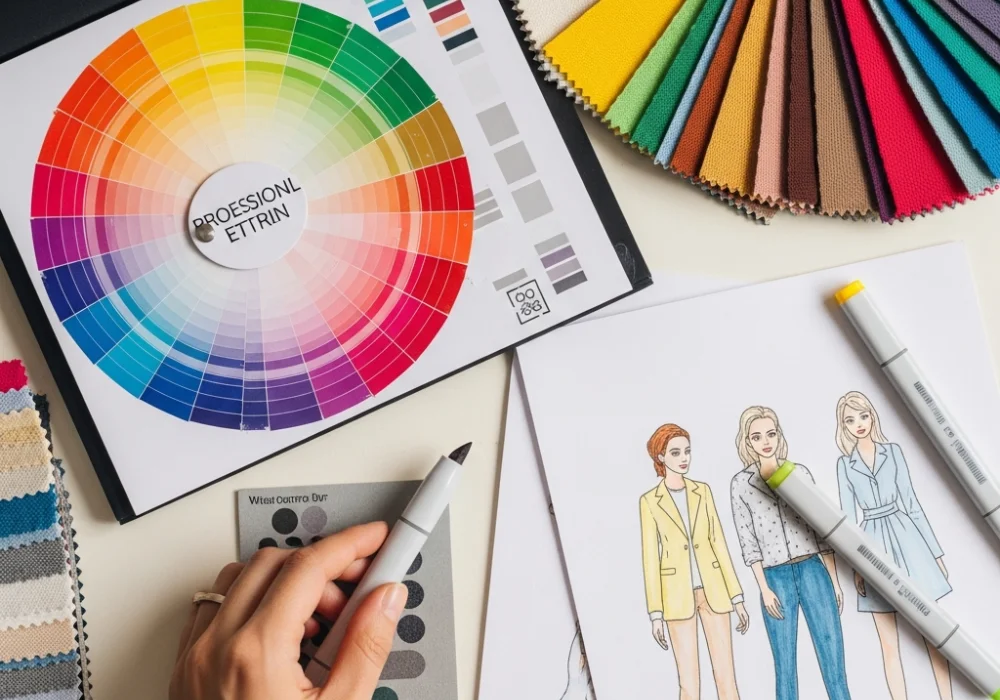 A professional designer's workspace with a color wheel and art supplies for NIFT CAT preparation.