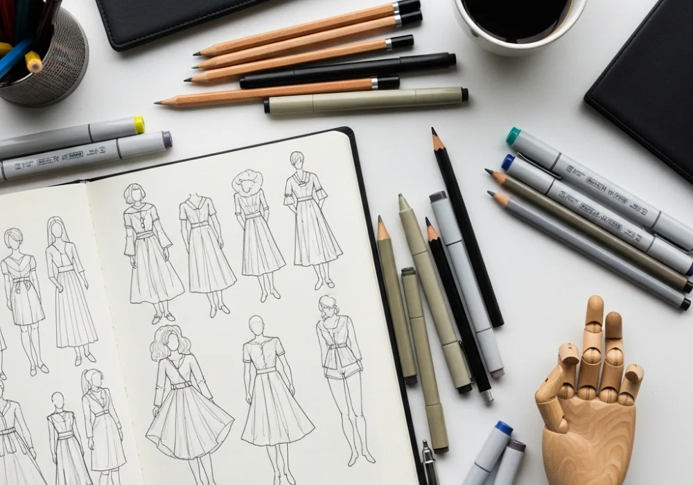 A design student's desk with NIFT sketching materials and fashion croquis drawings.