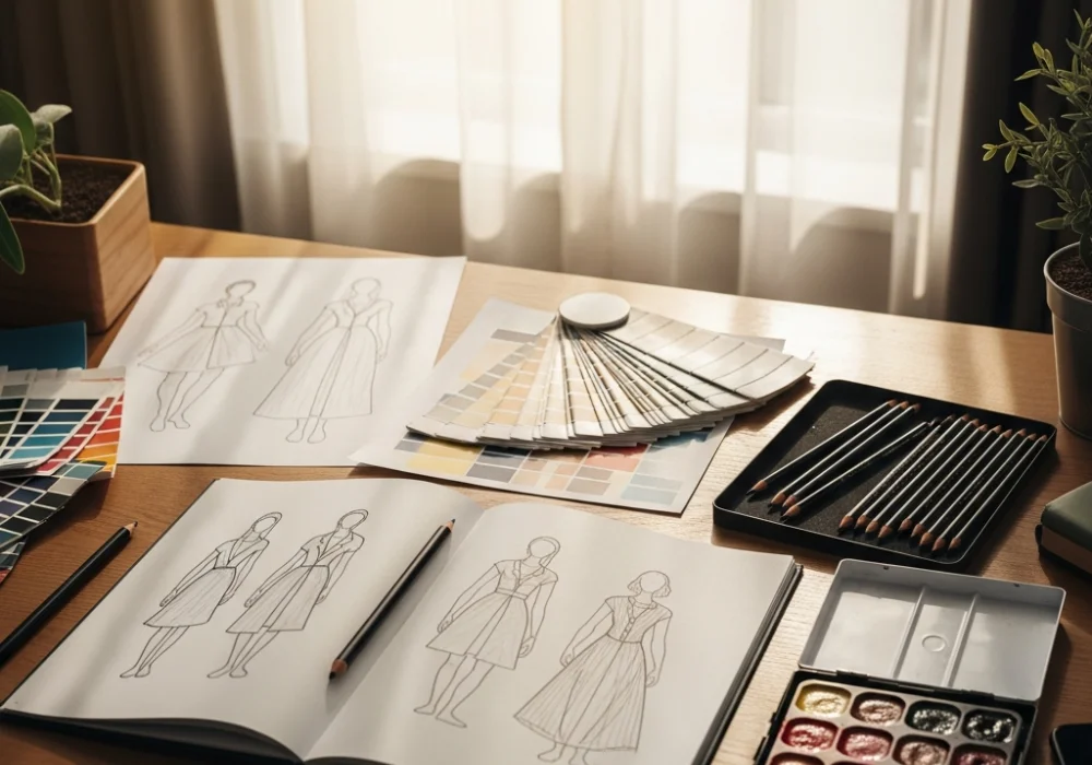 A professional NIFT design portfolio with sketches, fabric samples, and art supplies on a creative workspace.