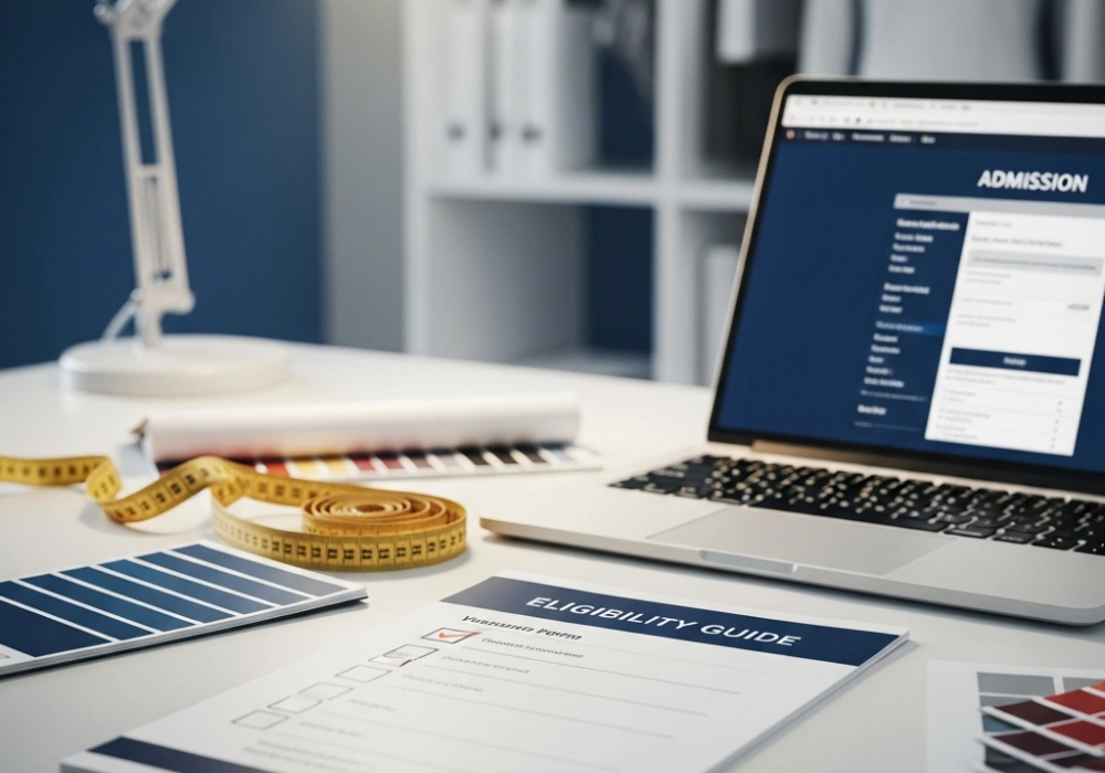 Educational guide layout showing NIFT admission eligibility details and design tools.