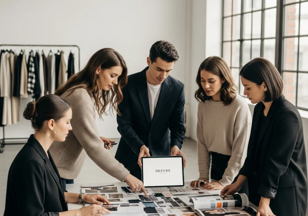 A professional creative studio setting where fashion communication specialists are working on branding, mood boards, and digital designs.