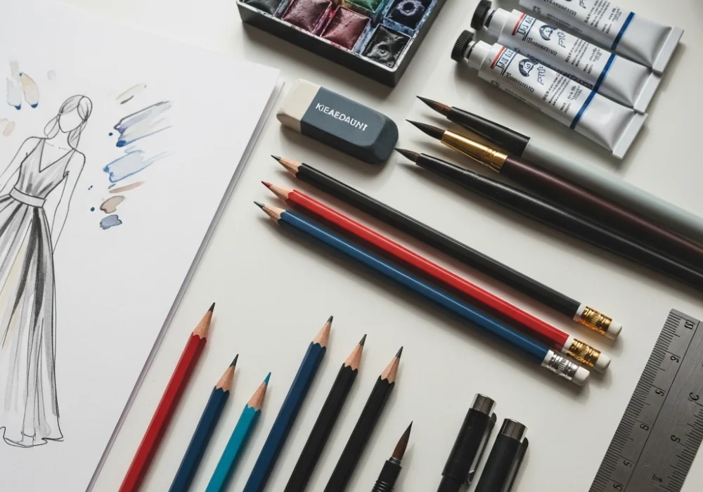 A professional stationery set for NIFT exam preparation including pencils, watercolors, and fashion sketches.