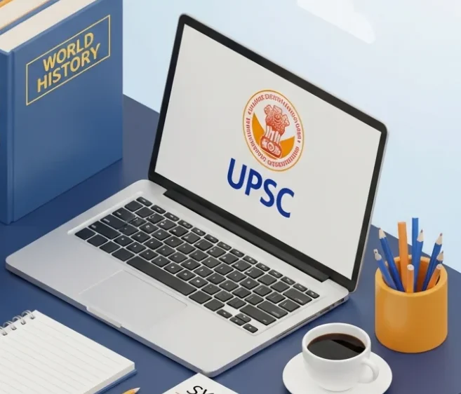 UPSC പരീക്ഷാ സിലബസും പഠന സാമഗ്രികളും അടങ്ങിയ ഒരു വിദ്യാർത്ഥിയുടെ പഠന മുറി.