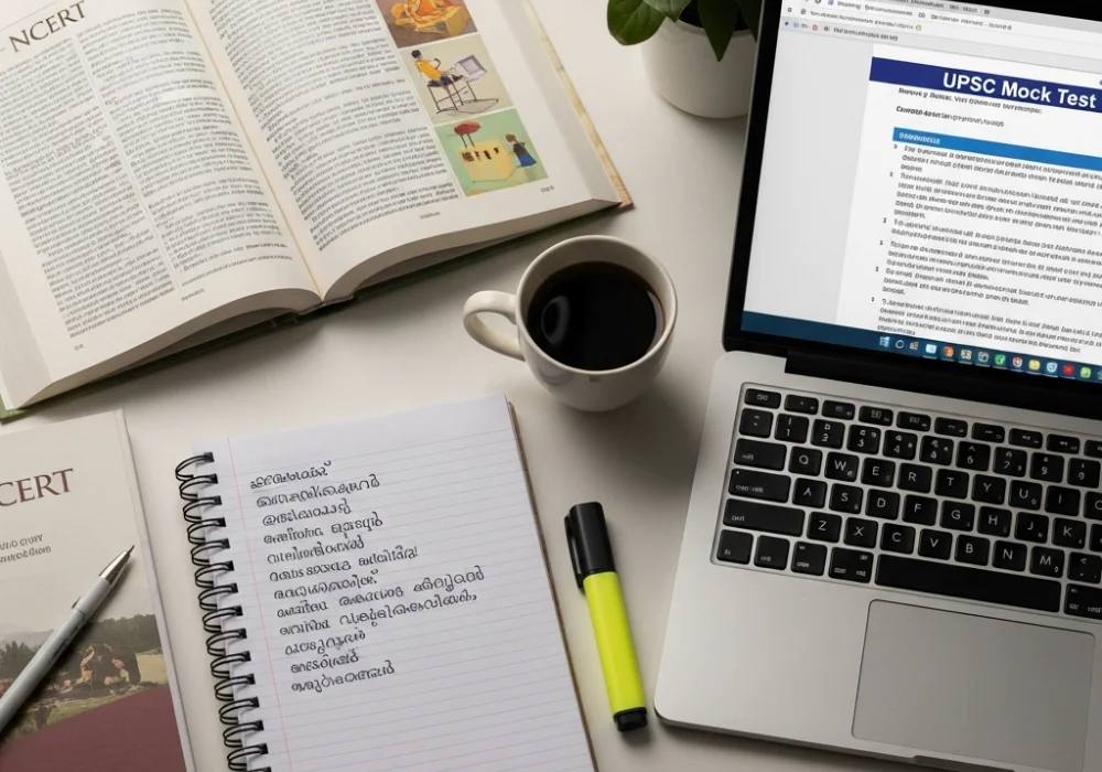 NCERT textbooks and handwritten notes for UPSC Prelims preparation in a study setting.