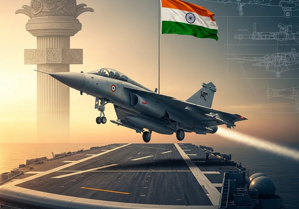 Indigenous Indian defence technology featuring INS Vikrant and HAL Tejas jet, symbolizing Atmanirbhar Bharat.