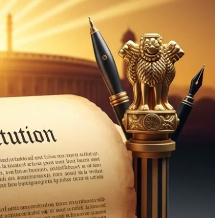 A symbolic representation of the Indian Constitution with the Preamble on a vintage scroll and the Parliament house in the background.