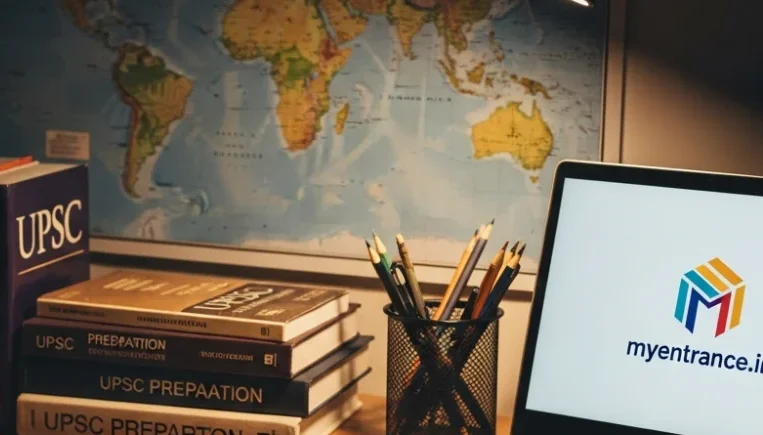 UPSC Mains answer writing practice desk with books and diagrams.