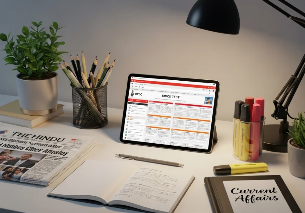 UPSC preparation desk with newspaper and mock test materials