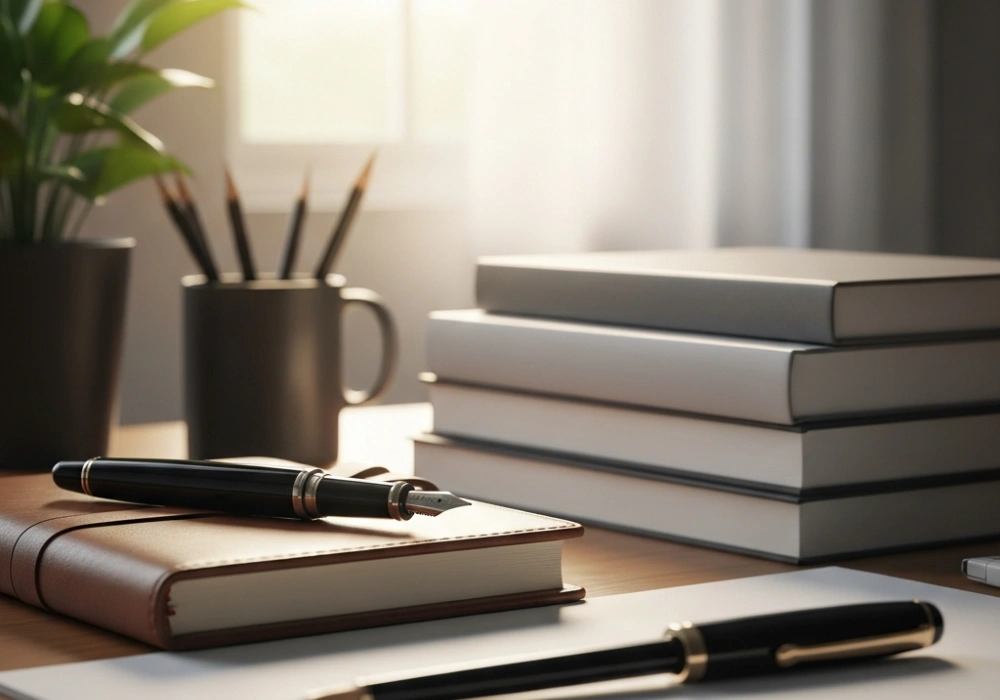 A clean desk with ethics study materials, a notebook, and a pen symbolizing preparation for the GS 4 exam.