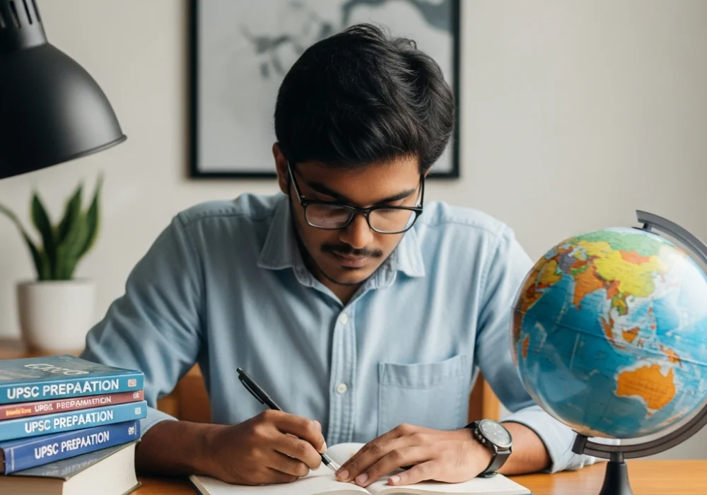 A student planning their UPSC optional subject strategy with study materials on a desk.