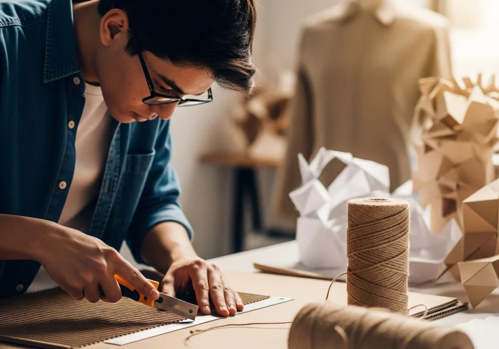 NIFT aspirant preparing for Situation Test by crafting a sustainable model with cardboard and jute.