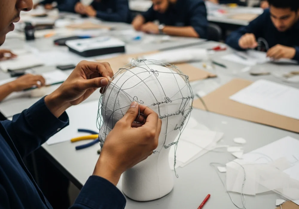 Student crafting a futuristic wire headgear for NIFT Situation Test