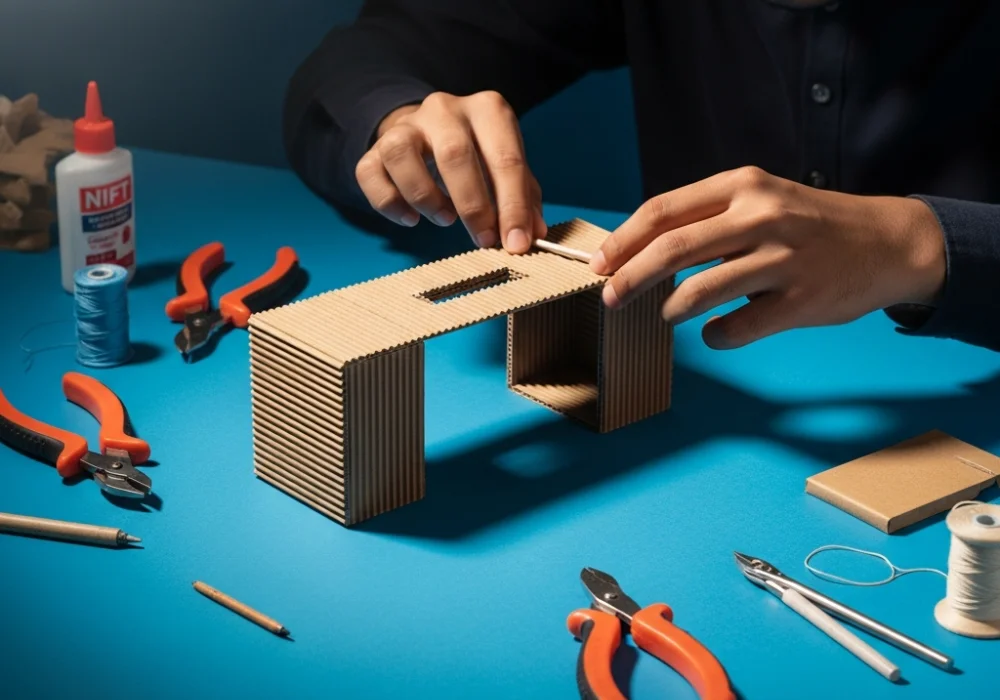 A student working on a corrugated cardboard model for the NIFT Situation Test, showcasing modular design and cutting techniques.