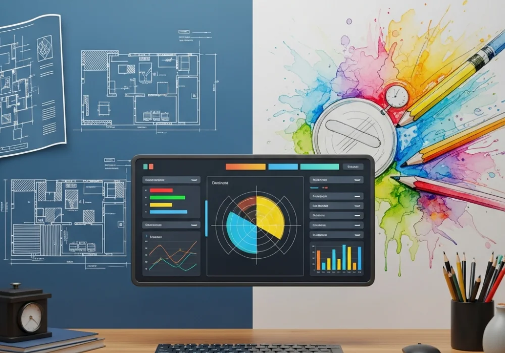 A visual comparison between a technical Design Brief and a creative Concept Note shown on a modern designer's workspace.