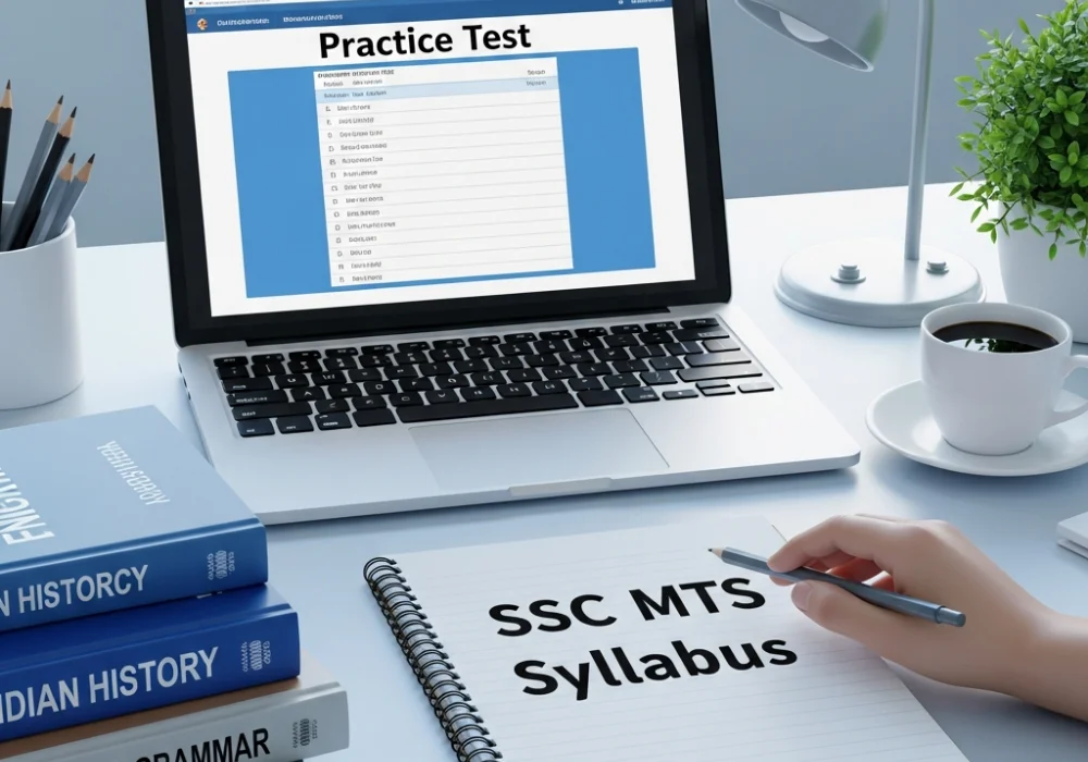 A student's study desk with books and a laptop preparing for the SSC MTS exam syllabus.
