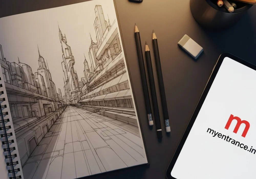 A creative workspace with design tools and a perspective drawing for NID DAT preparation.