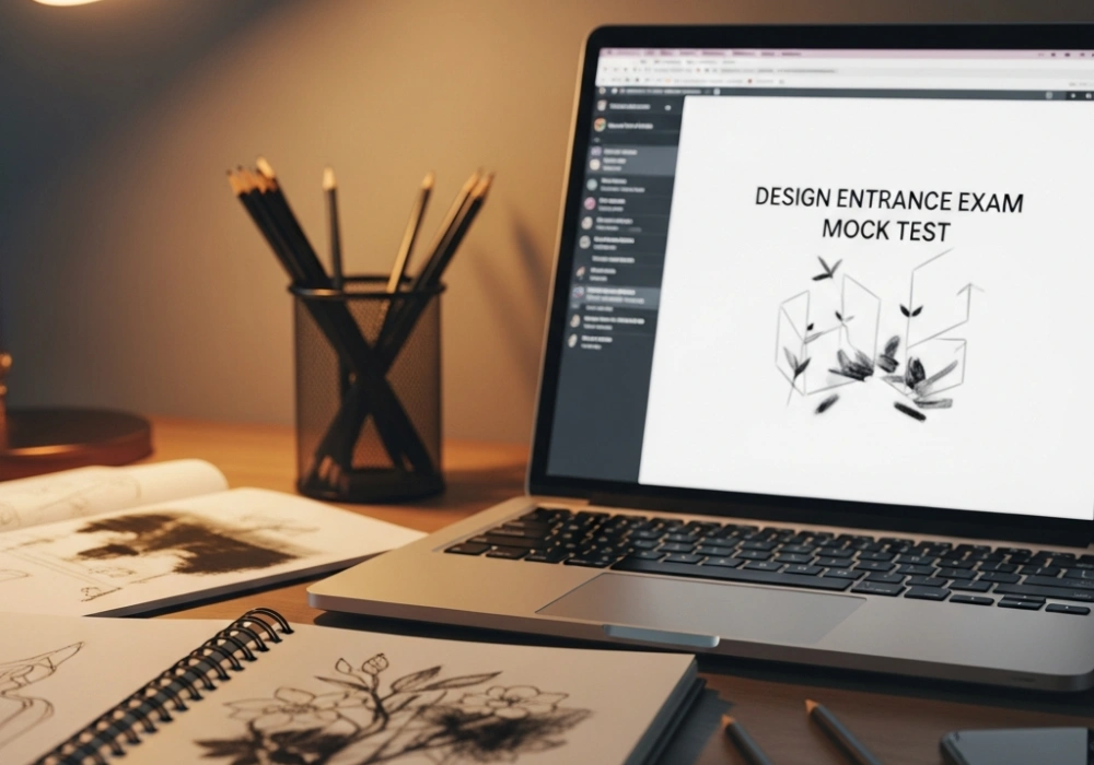 A modern study desk showing online coaching mock tests for design entrance exams on a laptop and artistic sketches.