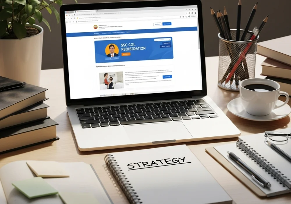 A professional study setup with a laptop and study materials for SSC CGL exam preparation.
