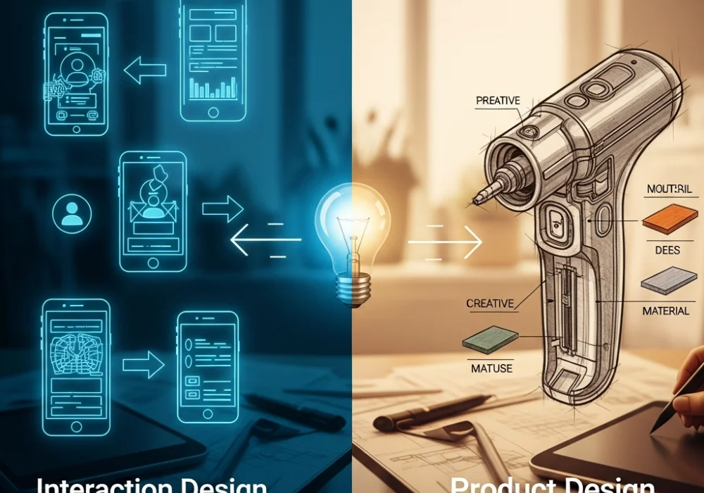 Interaction Design vs Product Design sketching comparison for NID DAT preparation.