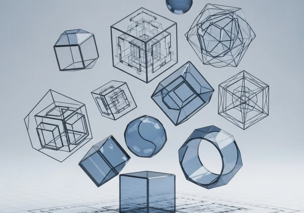 3D spatial visualization and orthographic projection diagrams for NID DAT exam preparation.