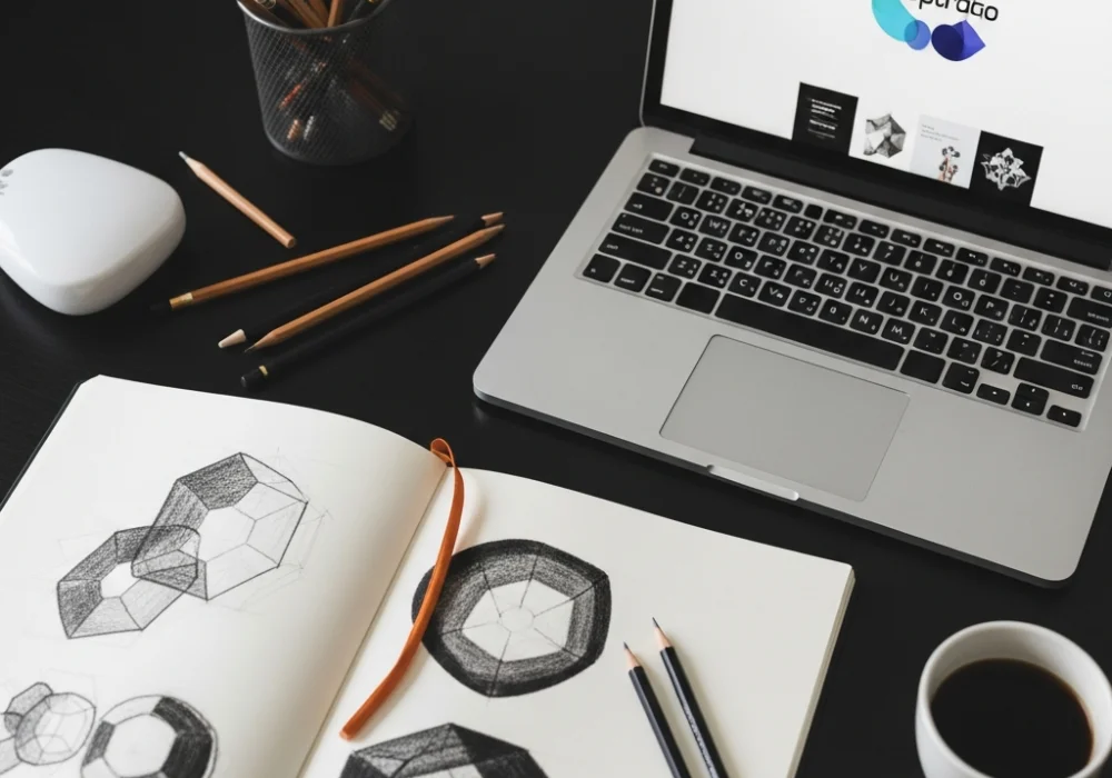 A student's design workspace with NID DAT sketching materials and online mock tests on a laptop.