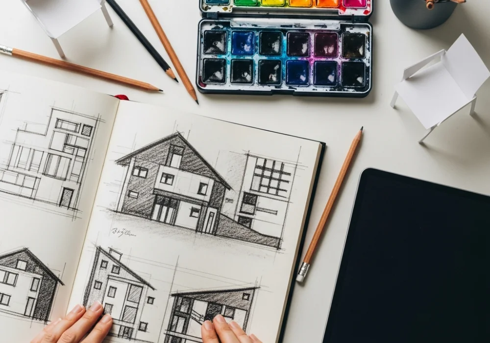 A creative workspace showing sketches, digital tools, and physical models for a design portfolio.