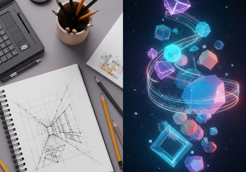 A professional desk setup for NID DAT preparation with sketching tools and a perspective drawing representing creative visualization and speed.