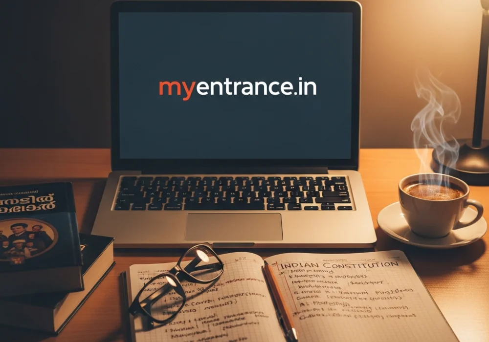Kerala PSC University Assistant Exam study materials and laptop with myentrance.in website