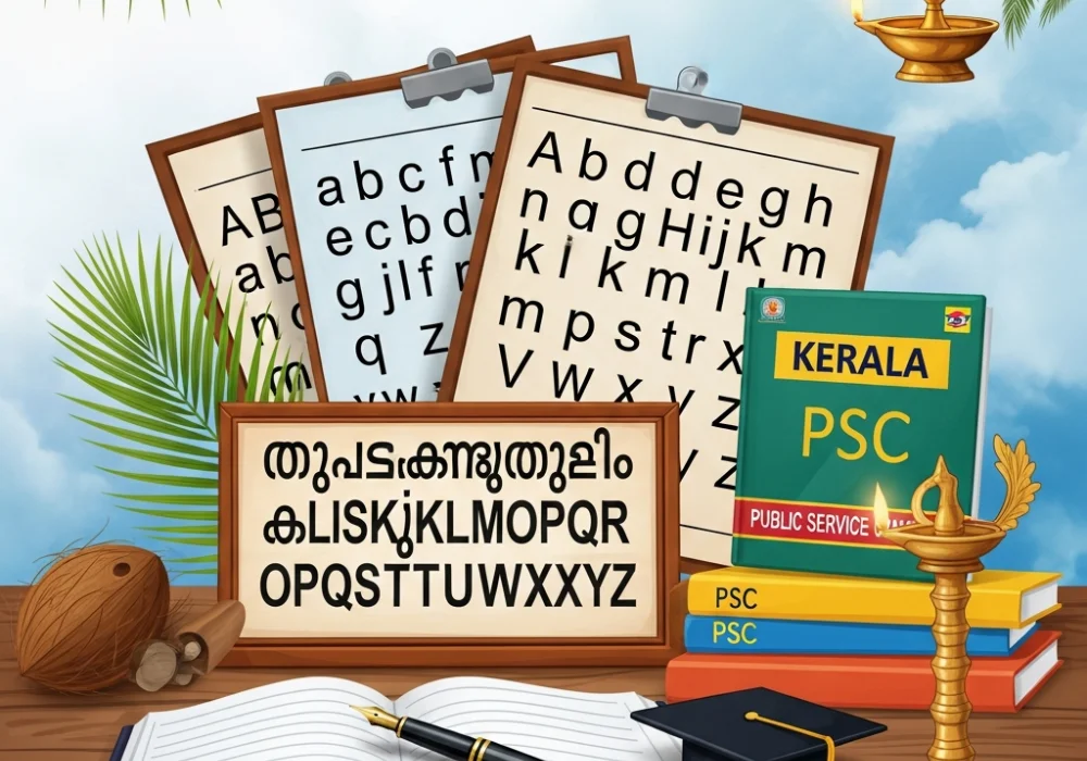 Kerala PSC Malayalam Grammar study materials and alphabets on a desk.
