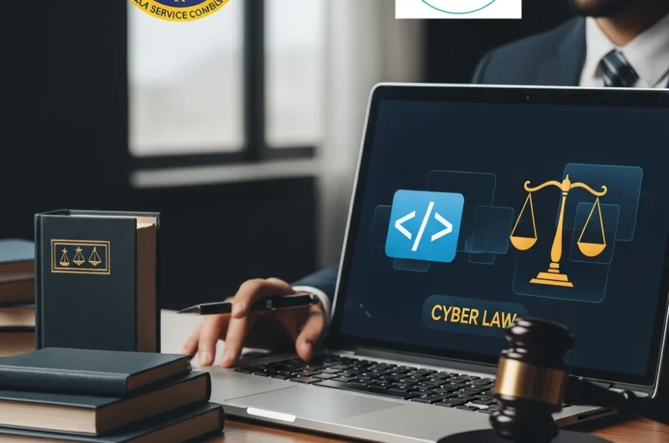 IT and Cyber Law study material for Kerala PSC exams including a gavel and computer icons.
