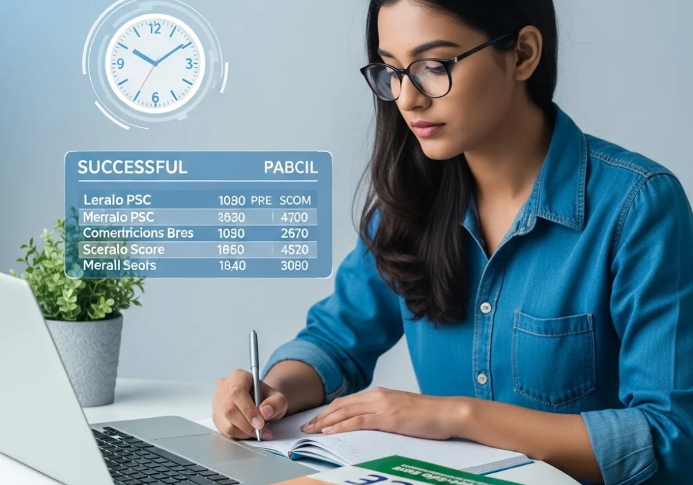 A student preparing for Kerala PSC exams using mock tests on a laptop.