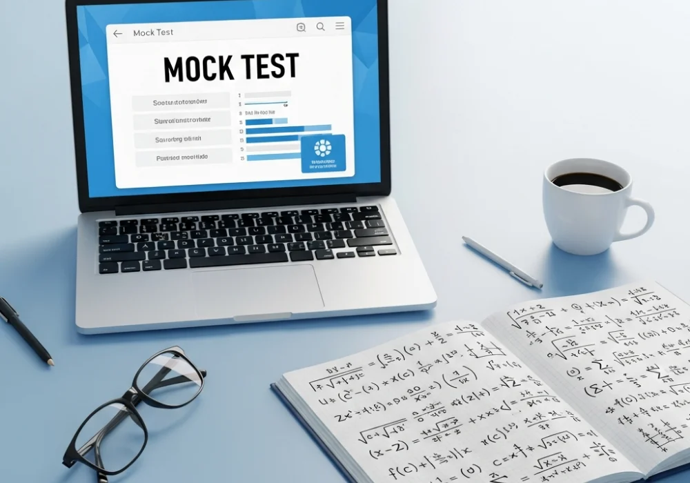 A professional study desk setup with a laptop displaying a competitive exam portal, representing focused SSC MTS preparation.