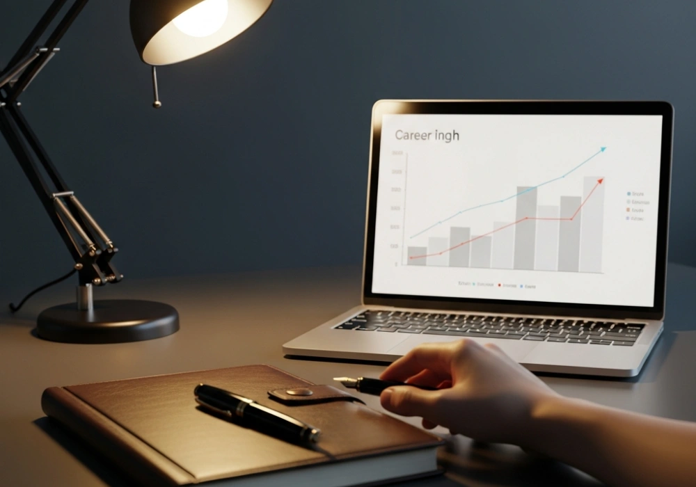 SSC Stenographer professional workspace with shorthand notebook and laptop representing career growth and salary.