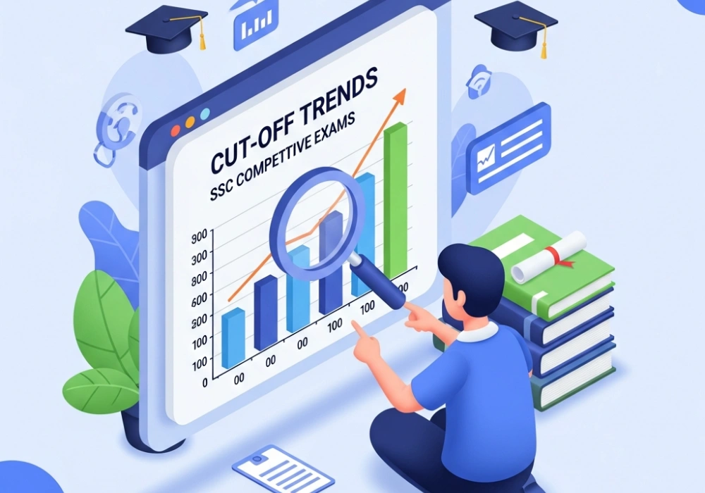 A professional digital illustration showing an analysis of SSC Selection Post cut-off marks and trends.