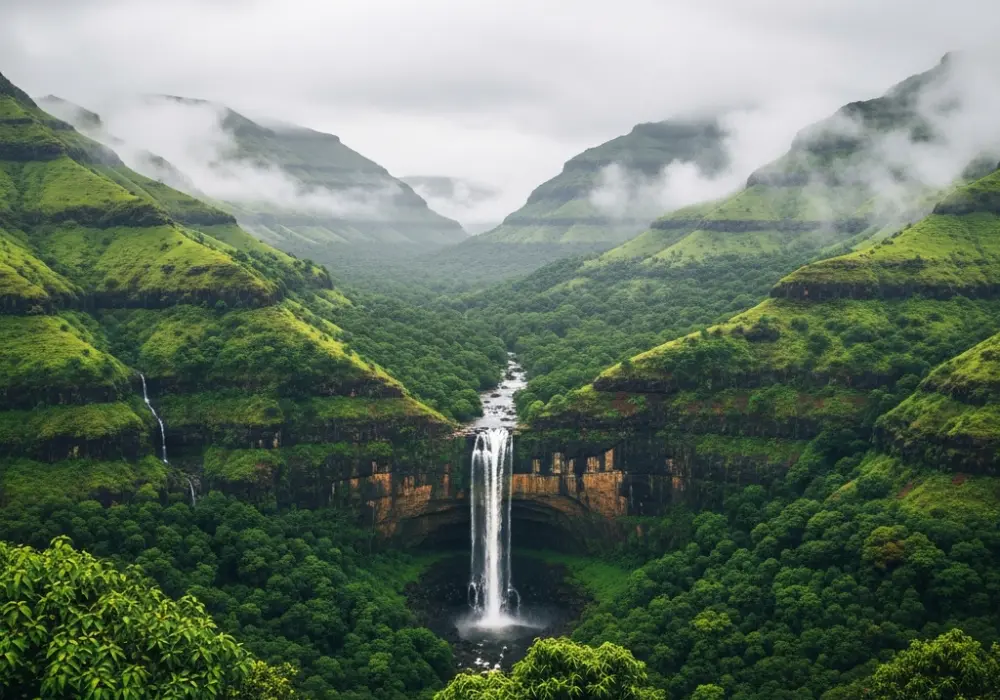 Majestic view of the green Western Ghats mountains during the monsoon, a UNESCO World Heritage site in India.