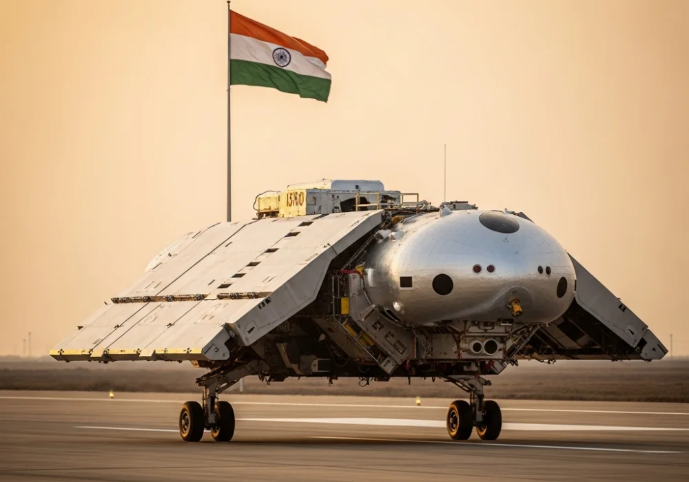 ISRO's Pushpak Reusable Launch Vehicle landing on a runway, representing India's advancement in space technology.