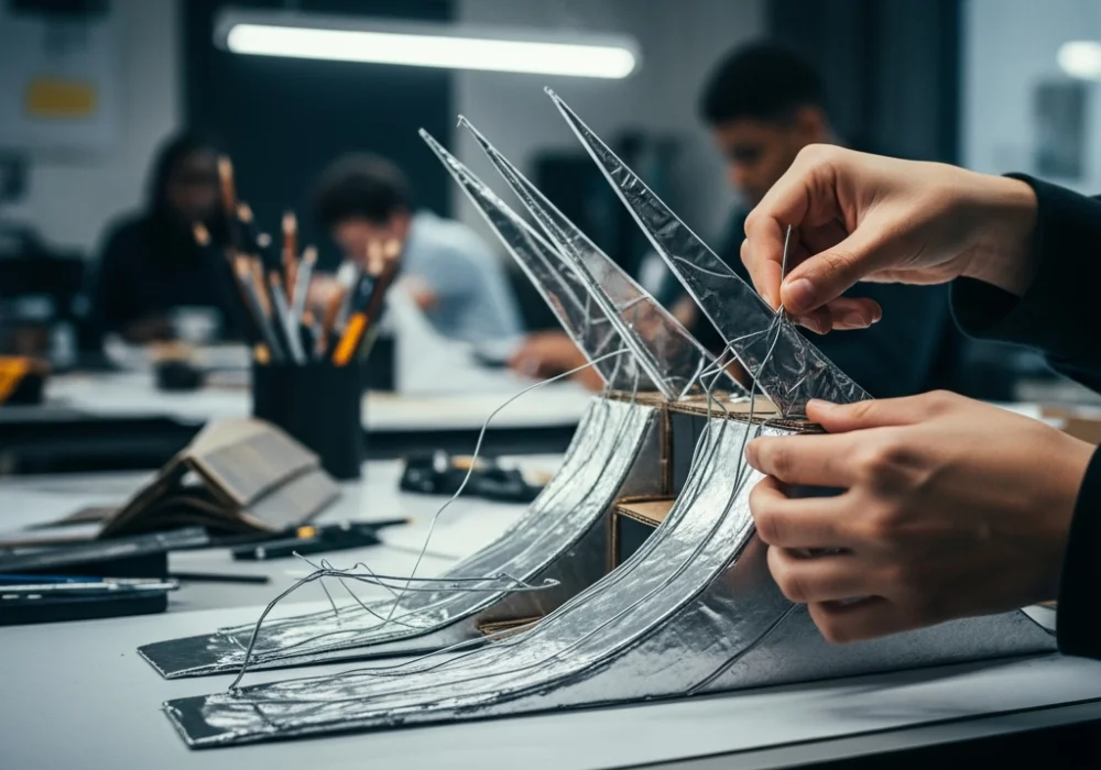Student creating a Cyber-Punk ramp model for NIFT Situation Test using geometric forms and metallic textures.