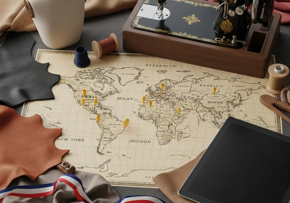 Detailed visual of world fashion capitals including Paris, Milan, London, and New York with historical fashion tools for NIFT GAT preparation.