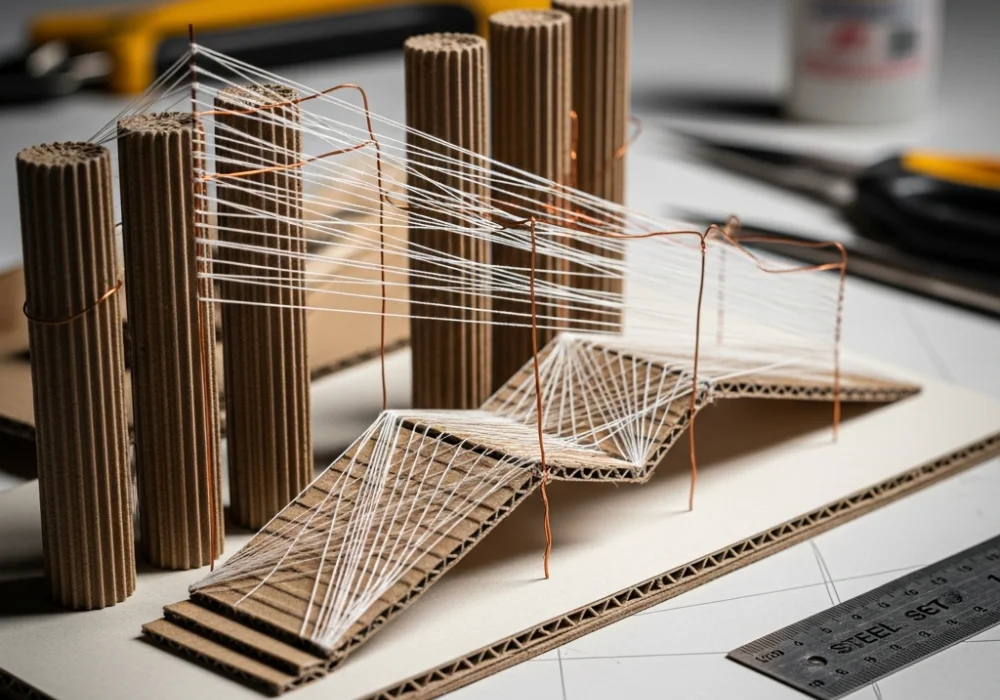 A conceptual NIFT Situation Test model of a handloom-inspired fashion ramp featuring warp and weft elements.