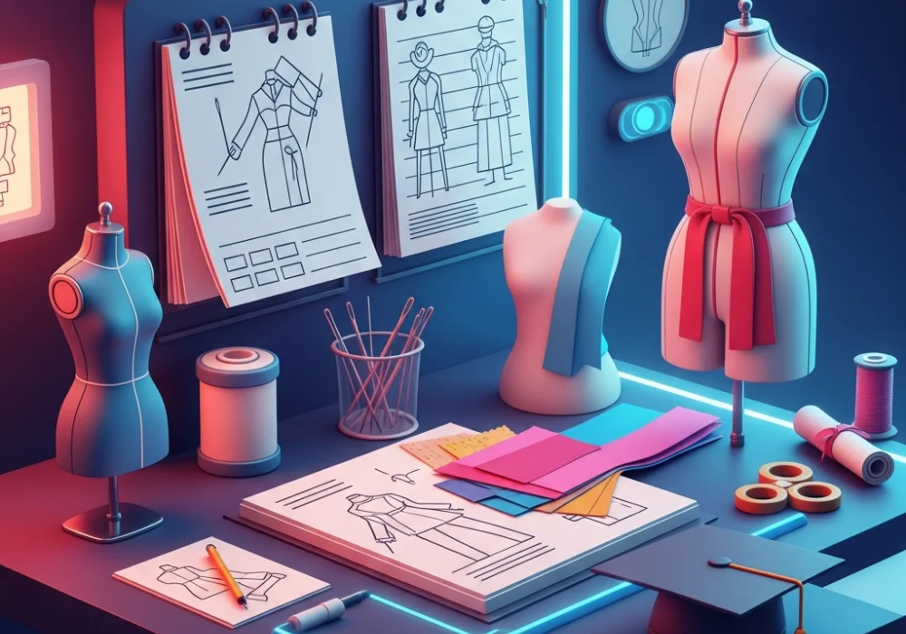 Modern NIFT GAT preparation concept with fashion elements and digital quiz icons.