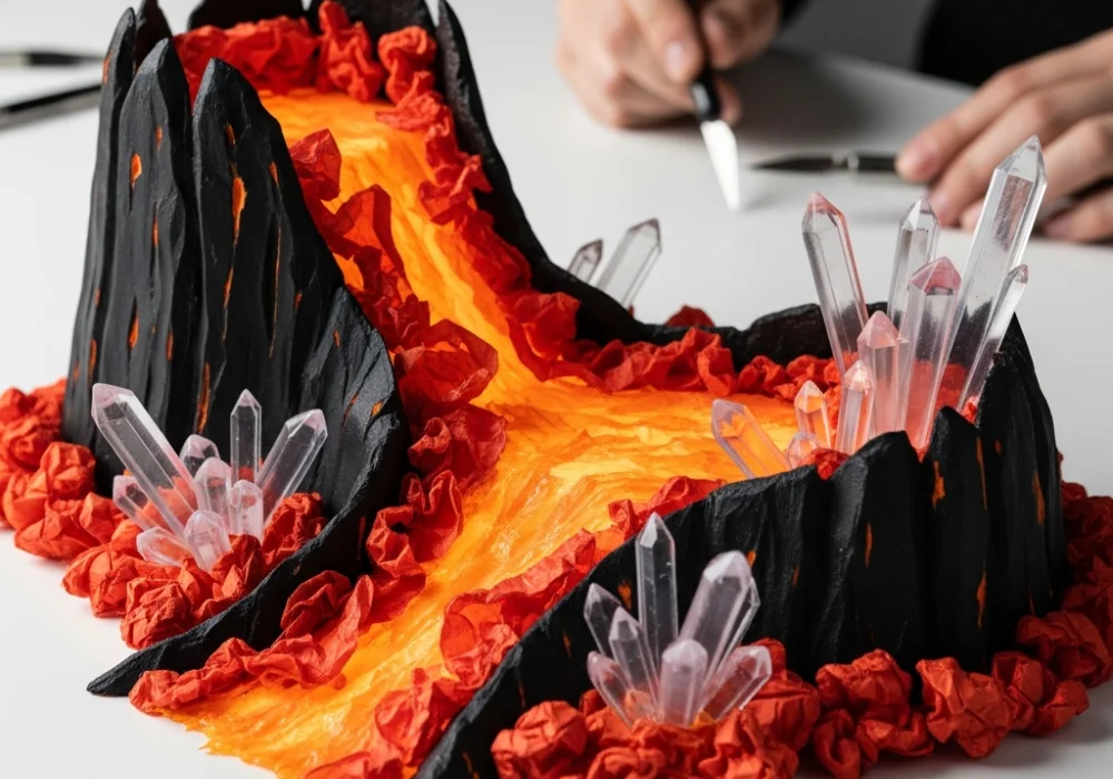 A NIFT Situation Test model of a subterranean volcanic ramp using black cardstock and red cellophane.