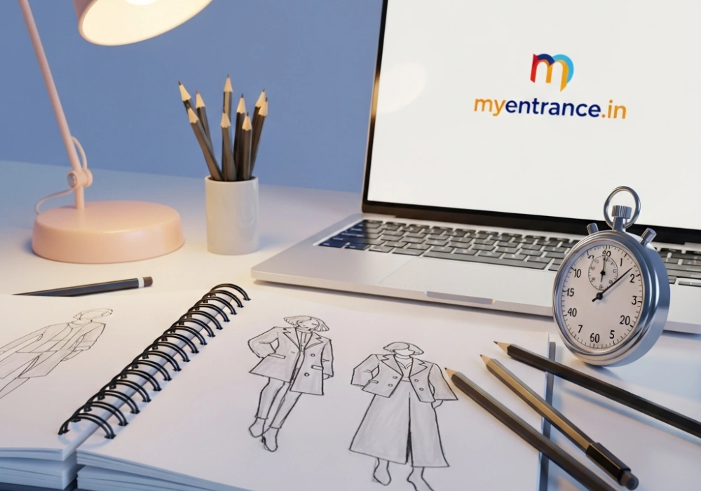 A student desk with sketches, pencils, and a stopwatch symbolizing time management for the NIFT entrance exam.