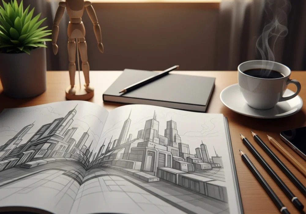 A design student's workspace with a sketchbook showing a 2-point perspective drawing, pencils, and a wooden manikin for NID DAT preparation.